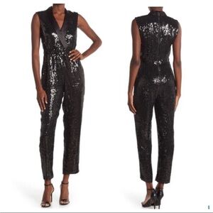 Alice+Olivia Lyle Black Sequin Tuxedo Jumpsuit.